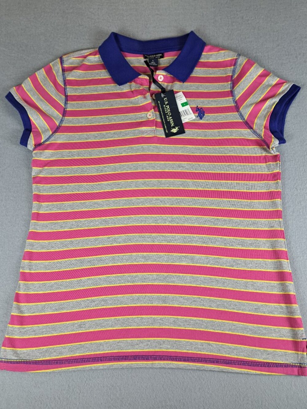 Womens U.S. Polo Assn. Polo Shirt Large Pink/Gray/Stripe Short Sleeve NWT